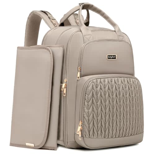 Qualyphant Diaper Bag Backpack - Extra Large Diaper Bag for Two Kids Twins (Expandable 30-38L) - Travel Baby Backpack with Changing Pad for Mom Dad (Quilted, Water Resistant, Brown Taupe)