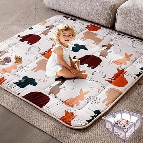TILLYOU Baby Play Mats for Floor, 50x50 Playpen Mat, Waterproof Playmats Extra Thick for Babies and Toddlers, Foldable Baby Crawling Mat for Playpen, Forest Animals