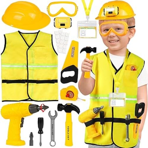 Construction Worker Costume for Kids, Toddler Dress Up Clothes with Kids Tool Set, Construction Vest & Hat, Helmet Light, Electric Drill, Toddler Costumes Pretend Play Toys for Boys Gift Age 4+