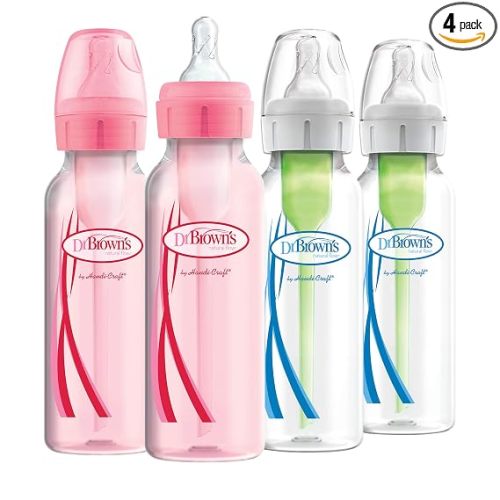 Dr. Brown’s Natural Flow® Anti-Colic Options+™ Narrow Baby Bottles, 8 oz/250ml, with Level 1 Slow Flow Nipple, 4 Pack, Pink/Clear