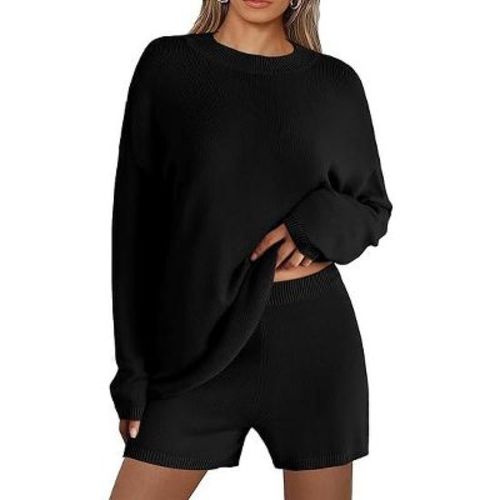 Ekouaer Pajamas Womens 2 Piece Lounge Set Cozy Knit Long Sleeve Sweater Shorts Set Oversized Matching Outfits Black L