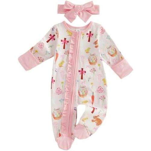 KtwHarnu Newborn Baby Boy Girl Easter Outfit Bunny Ruffle Zipper Footie Long Sleeve Zip Up Romper Jumpsuit Going Home Outfit