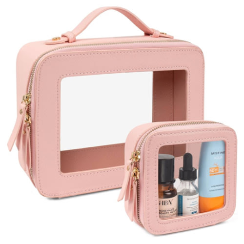 LETGO Clear Makeup Bags Set - TSA Approved Toiletry Bag with Handle Large Opening, Clear Toiletry Bags Case Pouch for Traveling Travel Car Orangizer Storage Essentials (Mini+Large Pink)