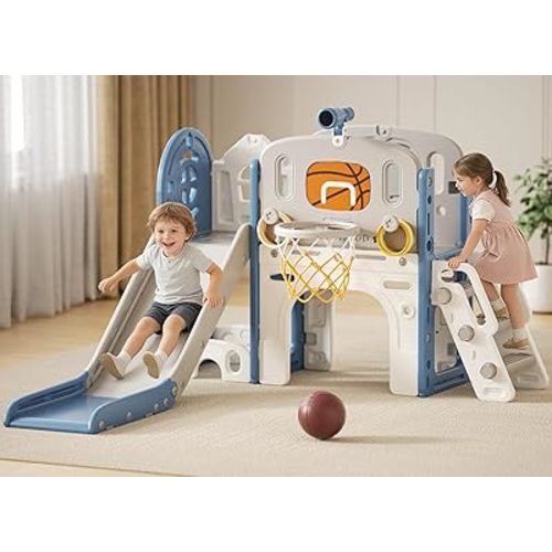 XJD 8 in 1 Toddler Slide Set, Kids Slide for Toddlers Age 1+, Climber Slide PlaySet with Basketball Hoop and Ball,Outdoor Indoor Playground for Toddlers 1-3 (Blue, Small)