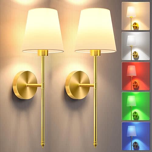 Battery Operated Wall Sconce Set of 2,Gold Wireless Wall Sconce with 5200mAh Dimmable Detachable Bulbs and Remote, 10 Colors Rechargeable Sconces Decor for Bedroom Living Room Hallway