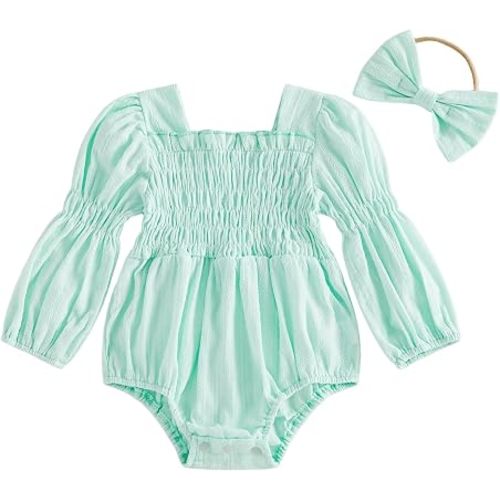 Kavousa Smocked Baby Girl Clothes Newborn Girl Bubble Romper Long Sleeve Jumpsuit And Headband Outfit Cute Infant Clothing