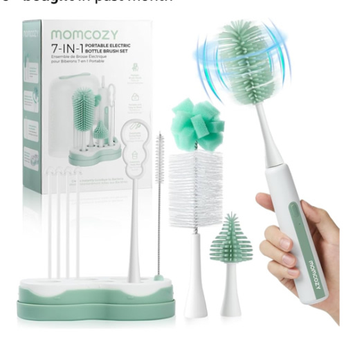 Momcozy 7 in 1 Electric Bottle Brush Kit, Portable Cleaning Set with Formula Mixer, Silicone Brush, Nipple Brush, Straw Brush, Soap Dispenser, Drying Rack - Long Battery Life for Home & Travel