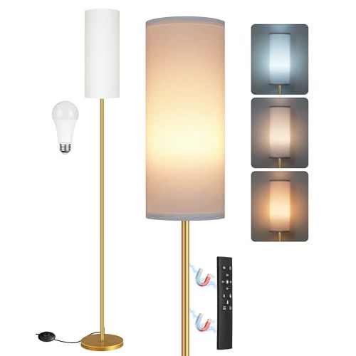 Dimmable Floor Lamp for Living Room with Remote and Foot Switch, Corner Floor Lamp, 66'' Standing Tall Lamp, 10W 900LM LED Bulb Included, 3000K-6500K, Linen Shade, Gold White, FCC Listed DCW06LD05W1