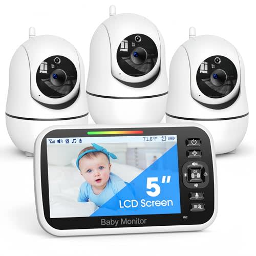 GoodBaby 5" Baby Monitor with 3 Cameras and Audio | No WiFi Secure Camera, 30-Hour Battery, Remote PTZ, Auto Night Vision, Room Temperature, Two-Way Audio，Lullabies，960 ft Range