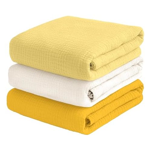 Muslin Swaddle Blankets for Baby Boy - 3 Pack 47x47 Inch Large Receiving Blankets, Soft Breathable Cotton Nursery Swaddles for Newborn, Infant & Todler (Yellow, White, Banana)