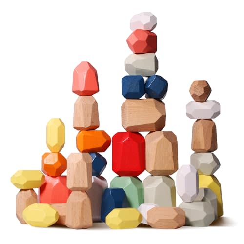 MTTIERY 36 PCS Wooden Sorting Stacking Rocks Montessori Blocks Sensory bin Toys Balancing Stones Preschool Learning Educational Stacking Stones for Toddlers 1-3