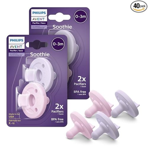 Philips Avent Soothie Baby Pacifiers - 100% Silicone Pacifiers for Babies 0-3 Months,-Piece Design,BPA-Free,Extra Durable,Lilac and Pink,Model SCF190/70,4 Count (Pack of 10)