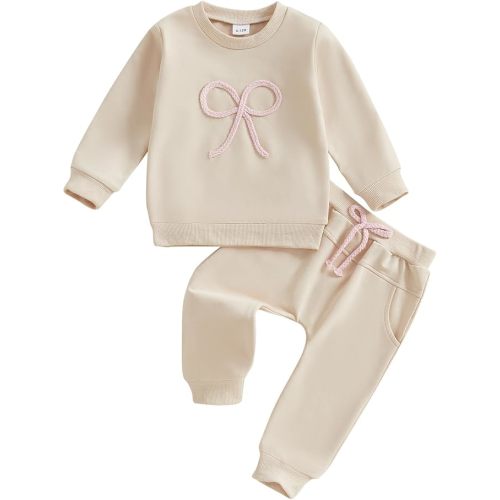 Infant Toddler Baby Girl Fall Outfit Bow Long Sleeve Crewneck Pullover Sweatshirt Top and Pants Set 2Pcs Clothes Set