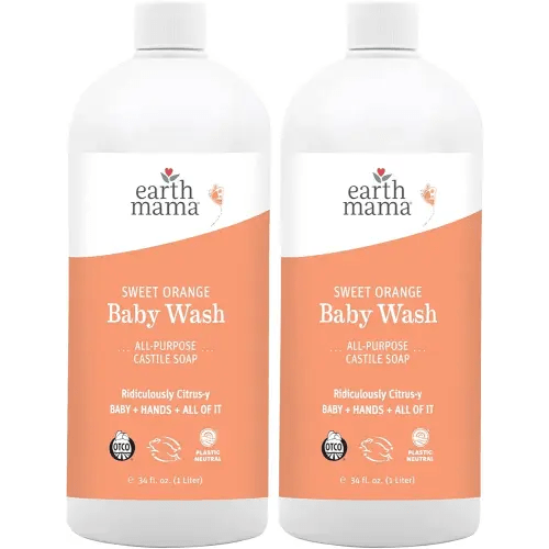 Earth Mama Sweet Orange Baby Wash Liquid Hand Soap Refill, Organic Body Wash for Sensitive Skin, All Purpose Castile Soap Liquid with Coconut Oil, Shea Butter, Calendula & Aloe, 34 fl oz (2-Pack)