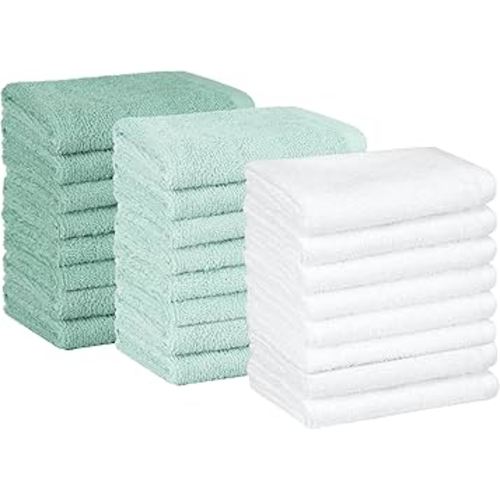 Amazon Basics Cotton Washcloths for Bathroom, Fast Drying, Extra Absorbent, 12 x 12 in, Seafoam Green, Ice Blue, White, 24-Pack