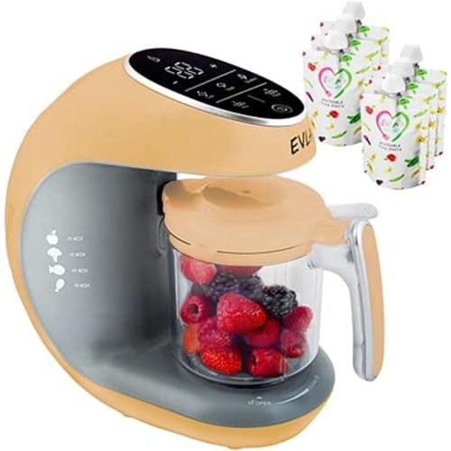 EVLA'S Baby Food Maker, Steamer, Blender, Baby Food Processor for Healthy Homemade Baby Food in Minutes, Touch Screen with 6 Reusable Food Pouches, Baby Registry Essential, Peach