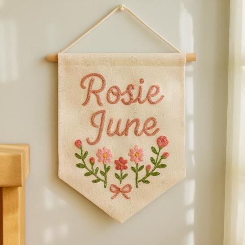 Personalized Baby Name Linen Banner: Hand-Embroidered Floral Nursery Decor