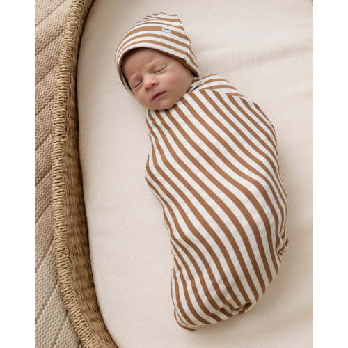Chestnut Brown Stripe Swaddle & Infant Beanie Set | Little Sleepies