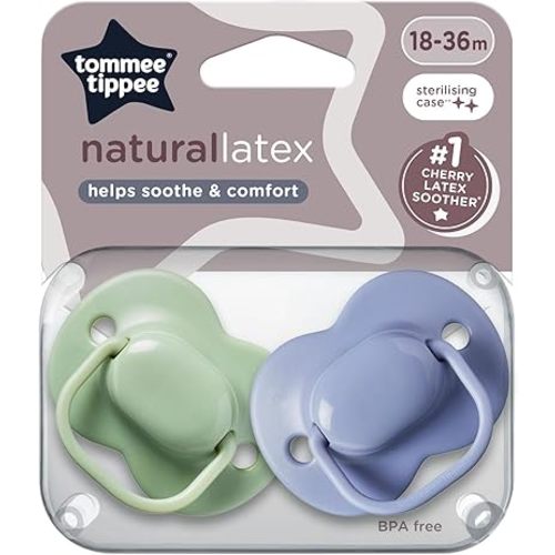 Tommee Tippee Cherry Latex Soother, 18-36 Months, Green and Blue, Pack of 2 soothers with 100% Natural Latex baglet
