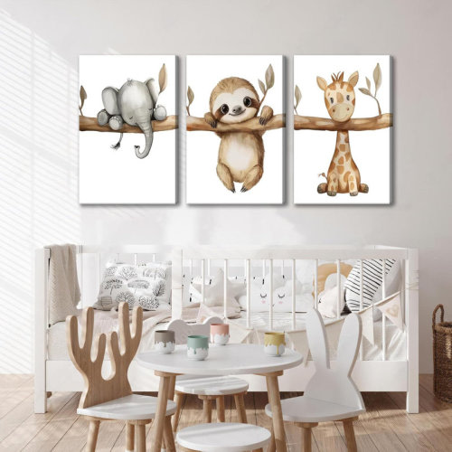 East Urban Home 3Pcs Nursery Animal Canvas Wall Art Safari Nursery Poster Prints Jungle Kids Painting Cute Animal Elephant Sloth Giraffe Artwork Picture Wall Decor For Room Room 12X16in Framed | Wayfair