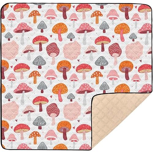 Whimsical Mushrooms Baby Play Mat 50"x50" Padded Non-Slip Floor Mat for Tummy Time and Crawling, Waterproof Foldable Playmat for Infants & Toddlers