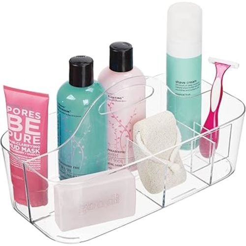 mDesign Plastic Divided Shower Organizer Basket Caddy Tote with Handle - Storage for Bathroom or Dorm - Holds Hand Soap, Shampoo, Sponges, Scrubs, and Body Wash - Lumiere Collection - Clear