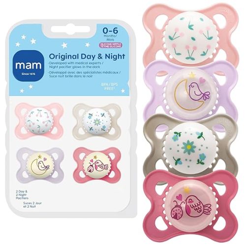 MAM Original Baby Pacifiers 0-6 Months, Binky for Newborn Babies, BPA-Free Skin Soft Silicone Nipple, Glows in The Dark, Developed with Medical Experts, 4 Count, Made in Europe