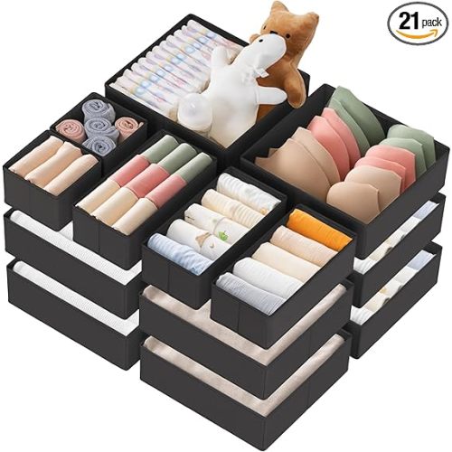 Criusia Drawer Organizer Clothes, 21 Pack Dresser Organizer for Baby Clothes, Underwear, Sock - Foldable Closet Organization and Storage Dividers Bins for Nursery, Bedroom (Black)