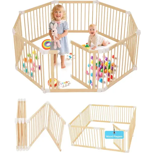 Foldable Wooden Baby Playpen Large Play Yard for Babies, 2 in1 New Mom Helper Portable Fence, Custom 25" Tall Wood Gate with Adjustable Size & Shape for Infants 3-12 Months -63x63x25 inch