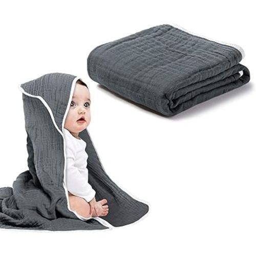 Baby Hooded Towels for Babies and Toddlers, Muslin Baby Bath Towel Soft and Absorbent for Boys and Girls (Dark Grey 1 Pack)