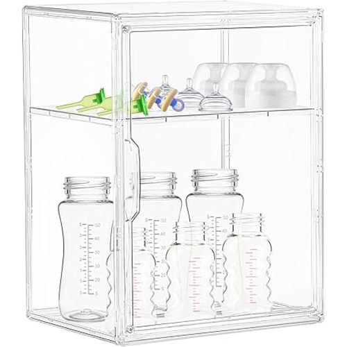 Baby Bottle Storage Organizer for Countertop Cabinet, 2 Tiers Nursery Clear Acrylic Bottles Station Organizers Container with Removable Dividers and Magnetic Door