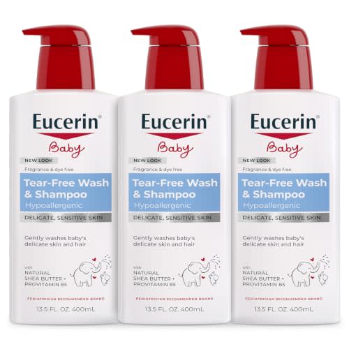 Eucerin Baby Unscented Baby Shampoo and Body Wash, Hypoallergenic, Tear Free Shampoo and Wash with Pro-Vitamin B5 and Shea Butter, 13.5 Fl Oz Bottle 3 pack