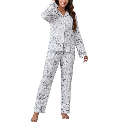 LUBOT 100% Cotton Pajamas for Women PJ Set Soft Button-Down 2 Piece Set Knitted Long Sleeve Sleepwear Loungewear XS-XXL