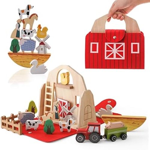 Wooden Barn Toy for Toddlers 1-3, Montessori Traveling Farm with Animal Figures & Car Model, Portable Farm Playset Learning Toy, Christmas Birthday Gift for Baby Boys Girls
