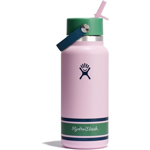 Hydro Flask Water Bottle - Insulated Stainless Steel - Wide Mouth Flex Straw Lid, Non Spill, Leakproof and Refillable in 32 Oz Campus Pink