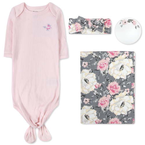 Baby Essentials Long Sleeve Knotted Coming Home Outfit with Matching Swaddle Blanket and Headband for Newborn Infant Girls for Sleep, Cuddling, Swaddling and Lounge in Heather Roses