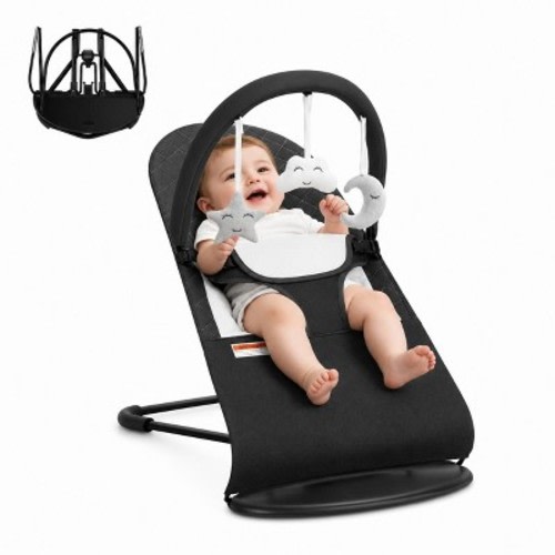 Baby Rocker and Stationary Seat, Foldable 2-in-1 Bouncer with Recline and Toy Bar,Dark Grey