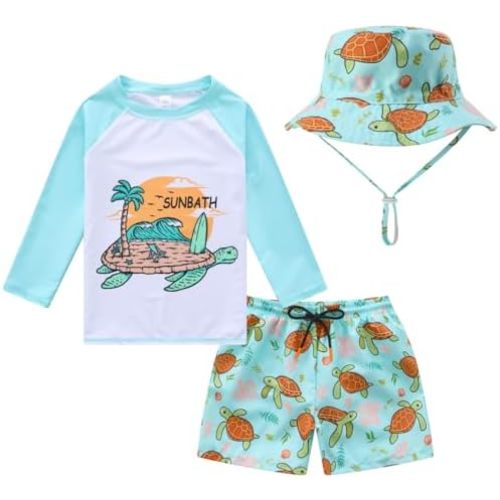 Toddlers and Baby Boys' 3-Piece Swimsuit Trunk and Rashguard Sun Hat Set