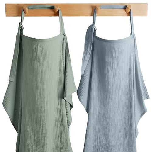 Comfy Cubs Muslin Nursing Cover Pack of 2, 100% Cotton Muslin Breastfeeding Cover for Moms, Soft & Breathable Baby Nursing Scarf, Adjustable Neck Strap - Privacy Coverage - Fern and Pacific Blue