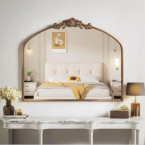 Gold Wall Mirror, Large Arched Vintage Baroque Ornate Mirrors, Traditional Decorative Antique Brass Mirror for Entryway Table, Living Room, Bedroom, Bathroom Vanity, Fireplace (30” x 36”)