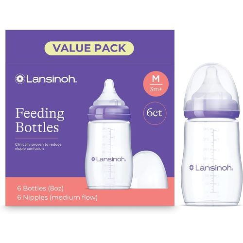 Lansinoh Anti-Colic Baby Bottles for Breastfeeding Babies, 8 Ounces, 6 Count, Includes 6 Medium Flow Nipples, Size M