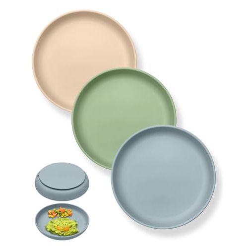 Qyeejong Classic Toddler Plates with Suction (3 Pack), Non Toxic & BPA Free Silicone Suction Plates for Baby Toddler Kids, Non Slip Baby Dinner Dishes Microwavable & Dishwasher Safe