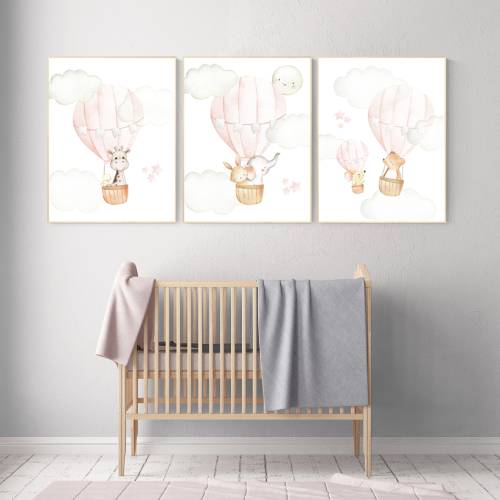 Blush Hot Air Balloon Nursery Art: Woodland Animals Print