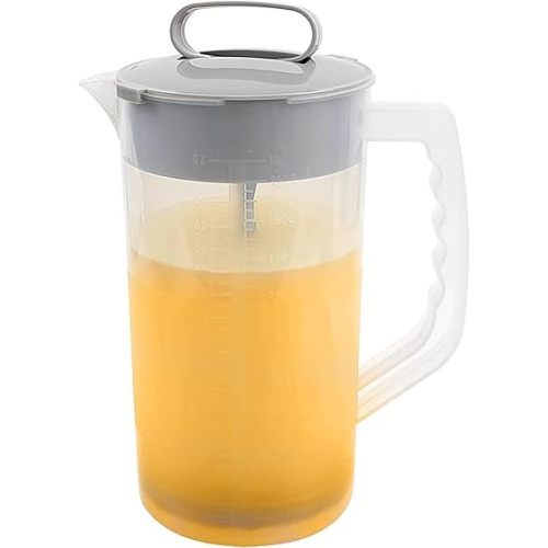 1 Pack Mixing Pitcher for Drinks 2 Quart/ 64oz Plastic Water Pitcher with Lid，Easy-Mix Juice Container，Angled Plastic Blades and Adjustable Mixer Plunger for Juice, Tea, Beverage Container