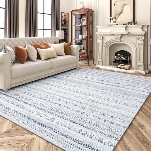 VUNATE 8'x10' Rugs for Living Room Washable Rugs Boho Moroccan Large Area Rug Soft Neutral Geometric Bohemian Carpet Distressed Indoor Rug for Bedroom Dining Room Office Foldable Nonslip Rug Blue