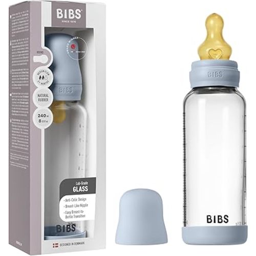 BIBS Baby Glass Bottle. 8 US fl oz / 240 ml. Anti-Colic. Vented Round Natural Rubber Latex Nipple. Supports Natural Breastfeeding, Medium Flow, Complete Set - Baby Blue