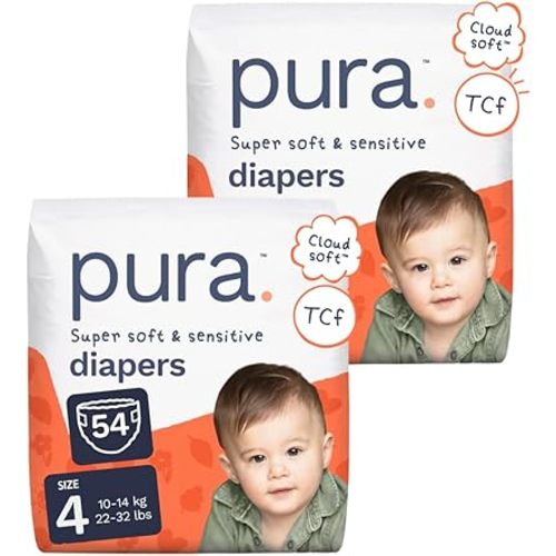 Pura Baby Diapers Size 4-54 Count, 22-32lbs, 12hr Leak Protection, Soft & Gentle Diapers for Hypoallergenic & Sensitive Baby Skin, Toxin-Free*, Organic Cotton, Blowout Blocker™, New Size Guide