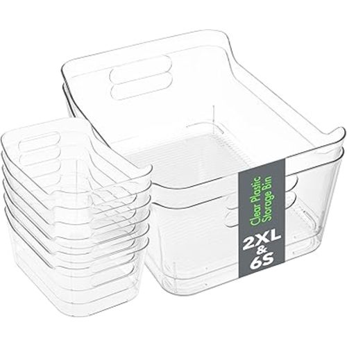 Tiawudi Set of 8 Clear Plastic Storage Bins, 2 Extra Large and 6 Small Storage Containers for Pantry Organization, Multi-Use Organizer Bins for Home, Kitchen, Cabinet, Bathroom, Fridge & Freezer