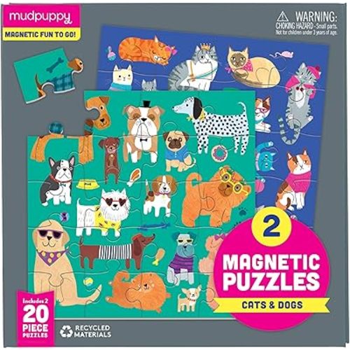 Mudpuppy Cats & Dogs - Tri Fold Magnetic Puzzles Featuring Two 20 Piece Cat and Dog Themed Artwork