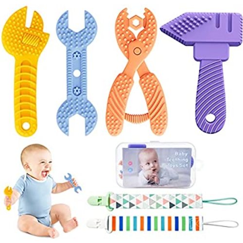 Teething Toys for Babies 0-6 Months 6-12 Months,Maiqufa®BPA-Free Silicone Teethers,Tool-Shaped Soothing Teething Toys for Sucking Stage,Prevent Finger Chewing & Relief Sore Gums Baby Boy Toys(4 Packs)